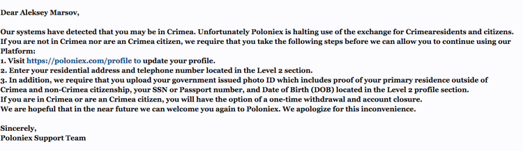 Poloniex denied services to Crimea residents