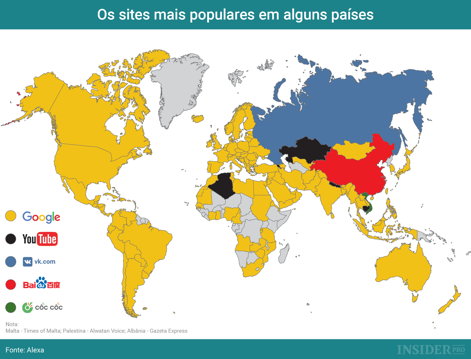 Mapa: Os sites mais populares em alguns países