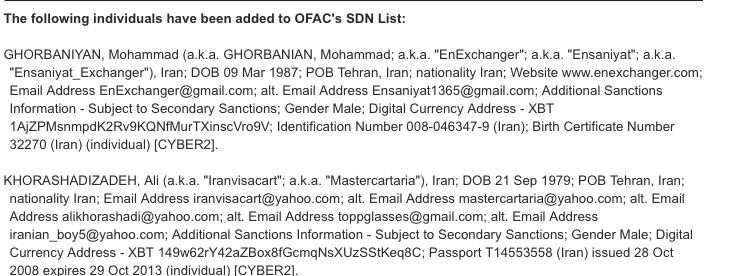 U.S. Treasury Lists BTC Addresses for Sanctioned Individuals