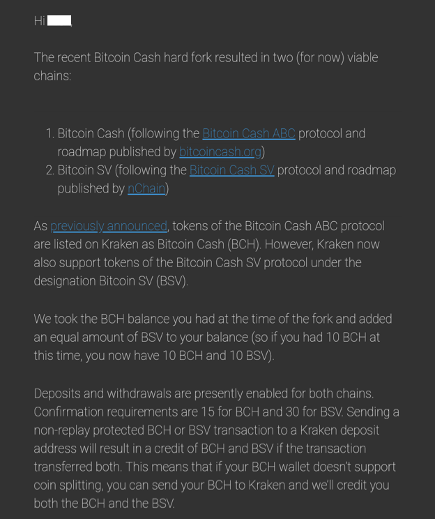 Kraken Grants BCH Holders with Bitcoin SV 