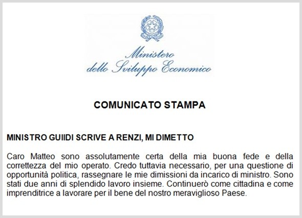 Il ministro Guidi dà le sue dimisisoni