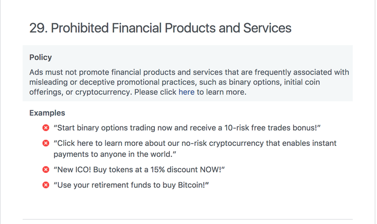 Facebook vieta la pubblicità di criptovalute, Ico e opzioni binarie